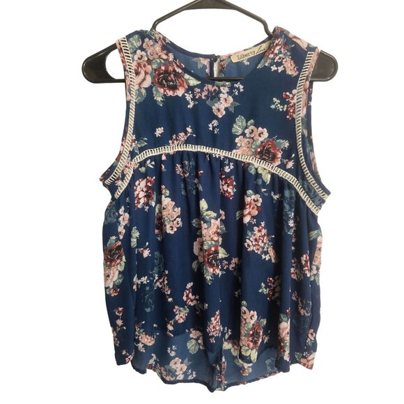 Liberty Love babydoll Floral Sleeveless Top Womens Medium Blue & Pink Rayon Blen - Picture 5 of 8
